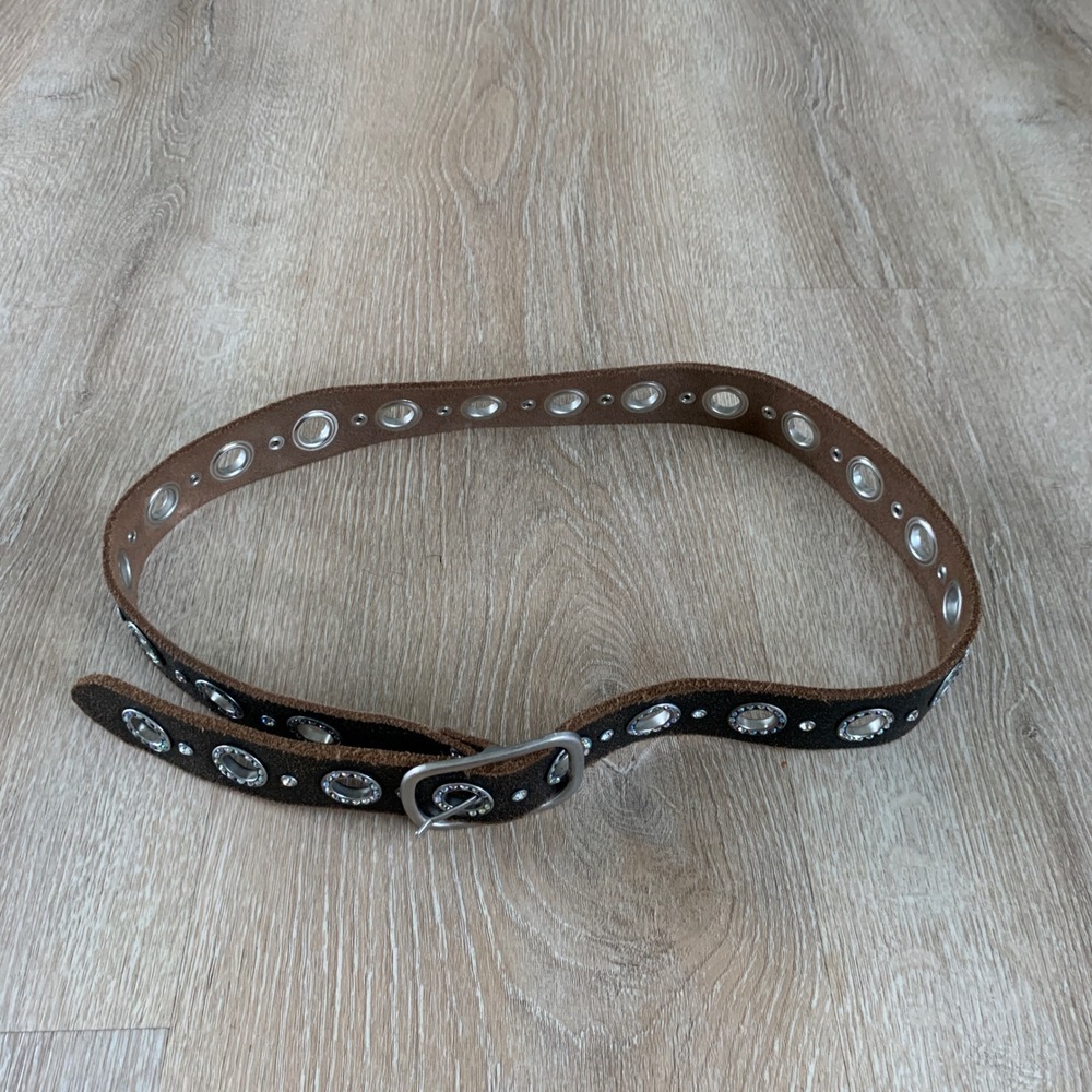 Ethyl Womens Black Distressed Leather Grommet Rhinestone Belt Large Y2K Western